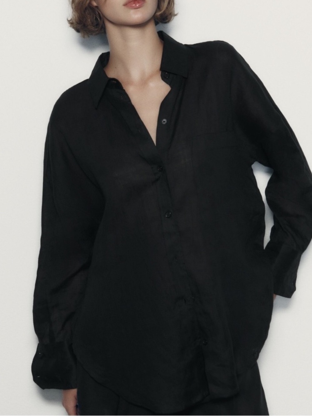 Zara Black Linen Button Up Blouse Long Sleeve Size XS Oversized Neutral